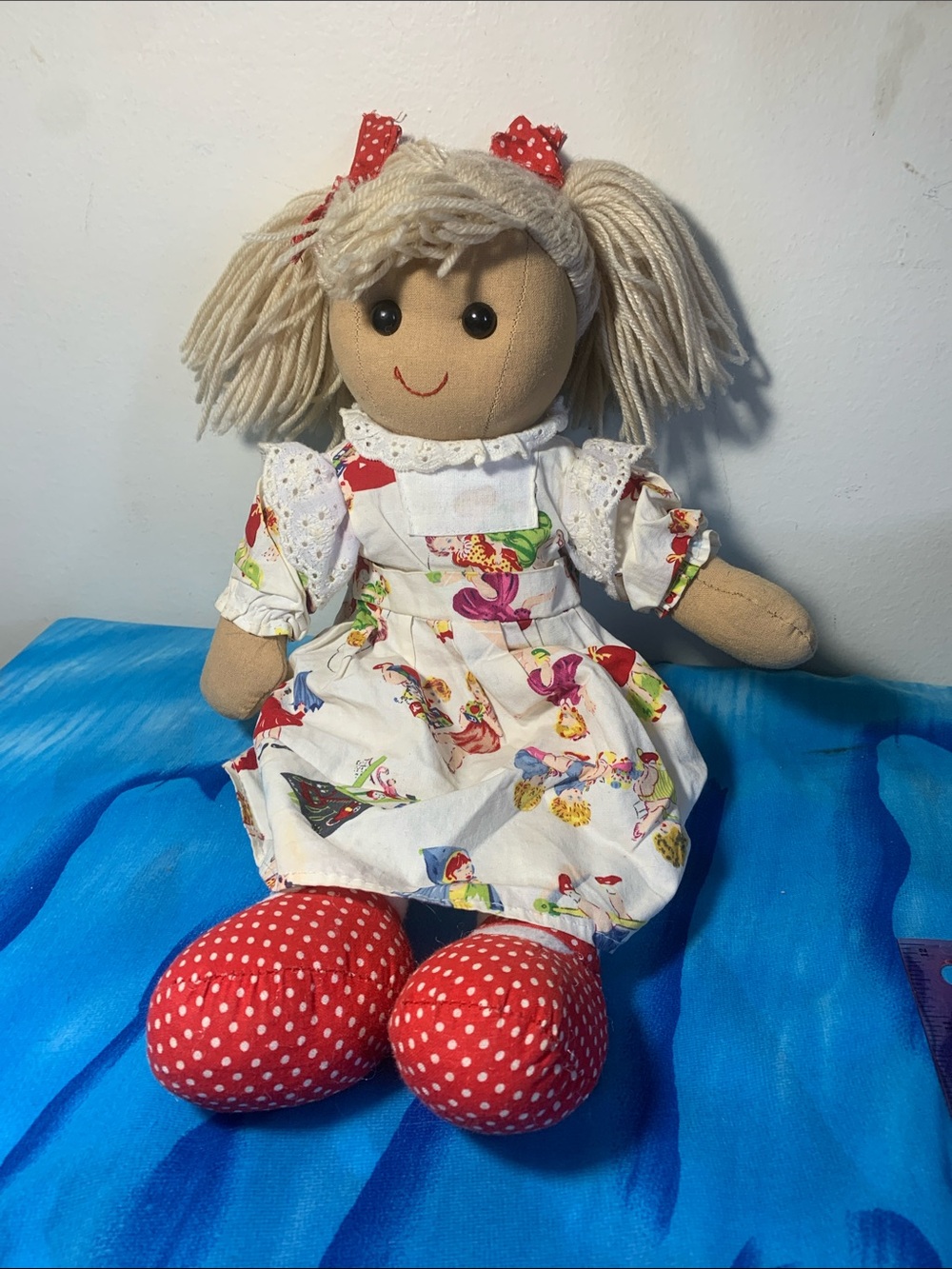 Powell Craft England Cloth Rag Doll in Cream and Red Polka Dot Outfit
